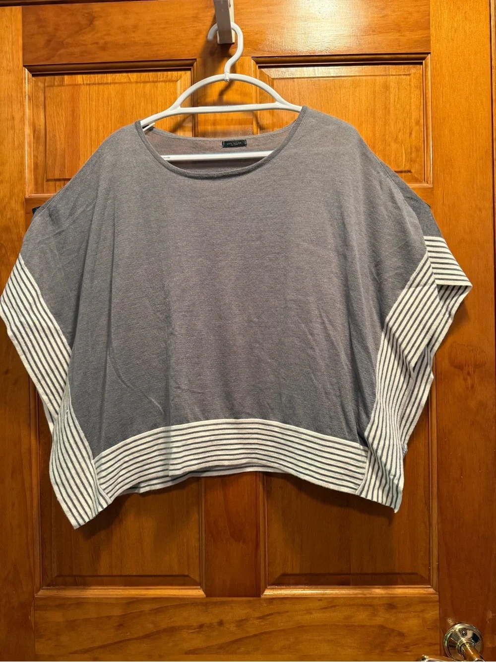 Ann Taylor Gray Boxy Knit Tunic with White Striped Hem & Sleeves
